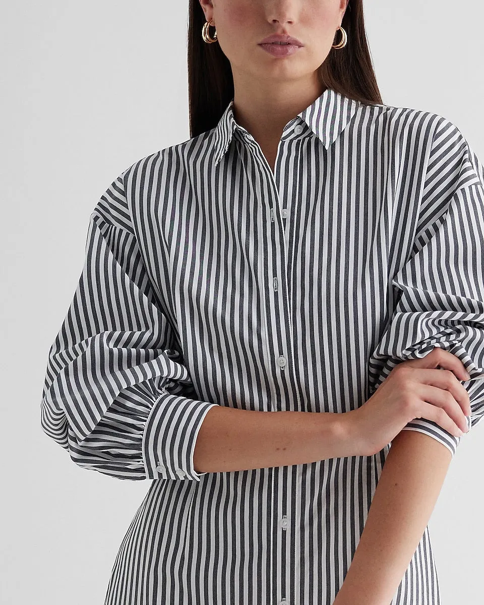 Striped Fitted Poplin Mini Shirt Dress in Gray Stripe