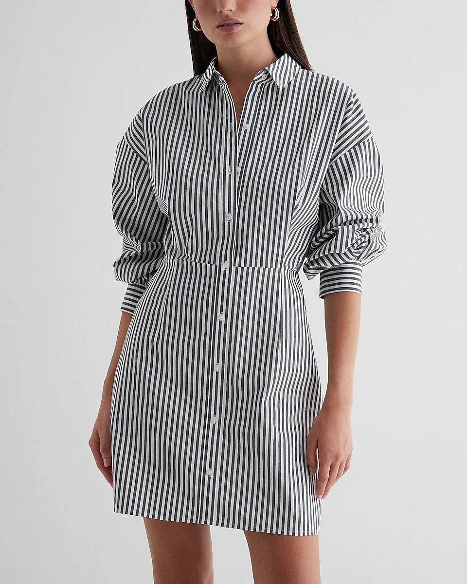 Striped Fitted Poplin Mini Shirt Dress in Gray Stripe