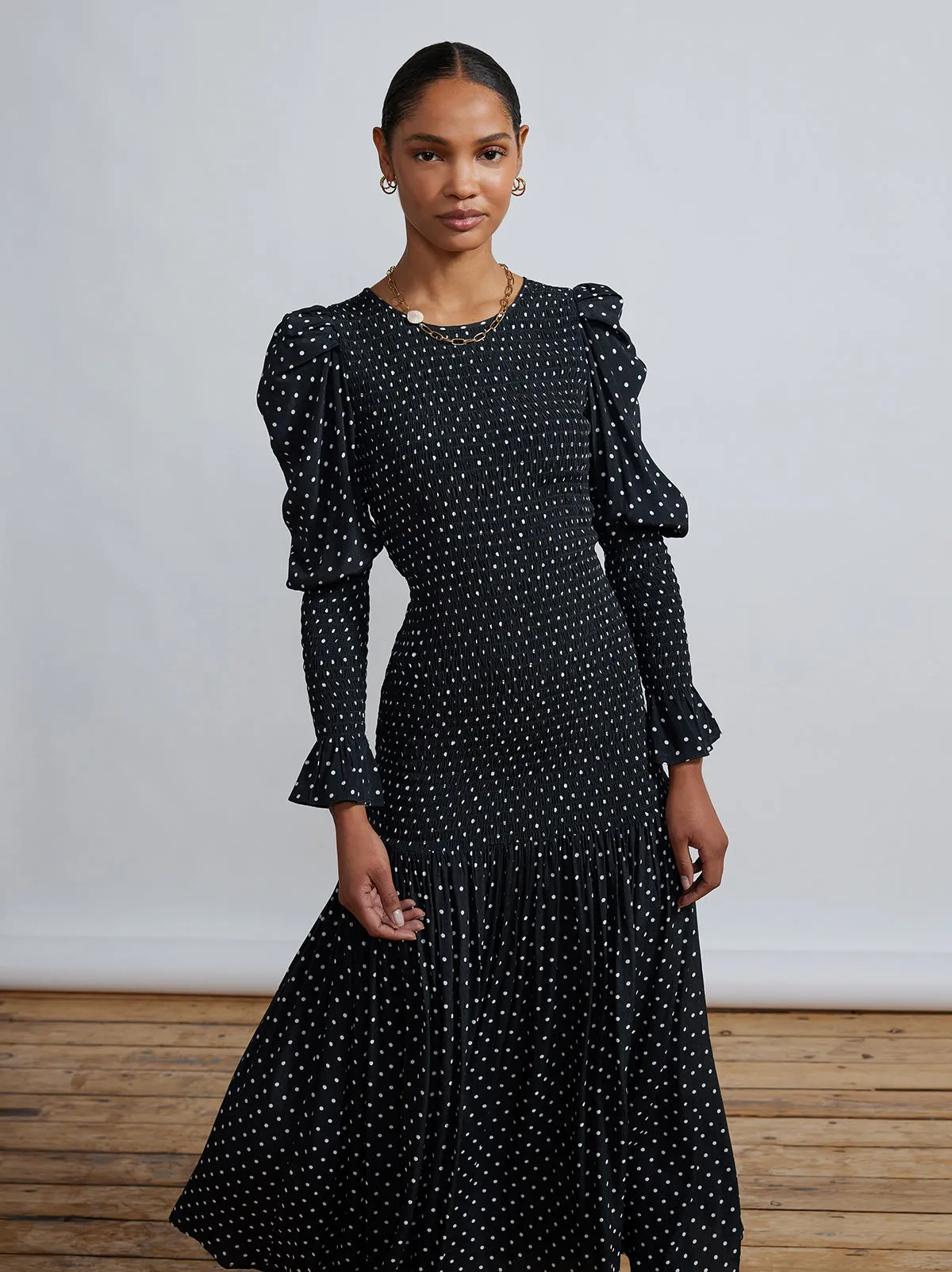 Wren Black Polka Dot Shirred Midi Dress