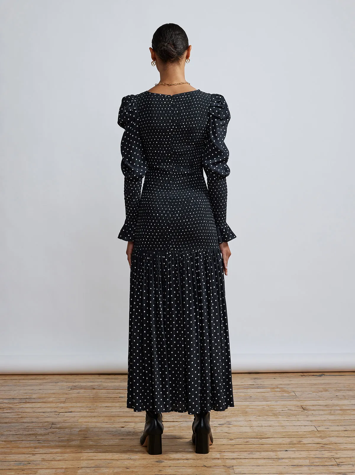 Wren Black Polka Dot Shirred Midi Dress