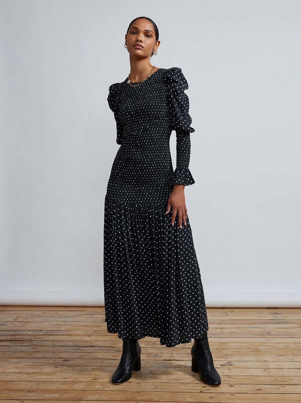 Wren Black Polka Dot Shirred Midi Dress